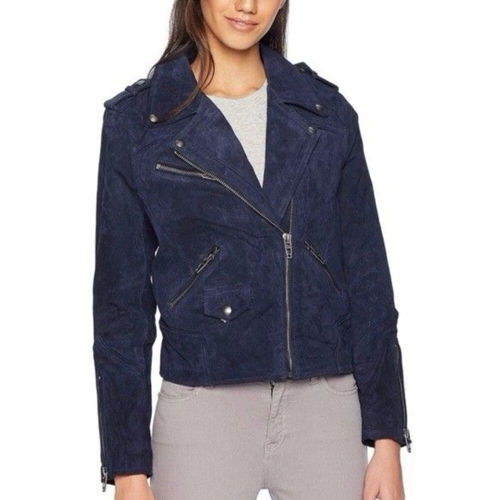 Blanknyc Womens Suede Leather Jacket Size Medium Blue Motorcycle Zip